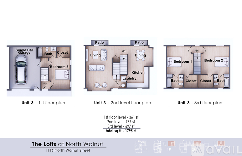 A diagram shows three different layouts for a unit at The Lofts at North Walnut.