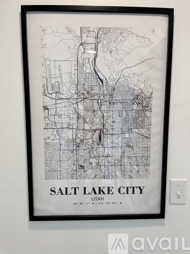 A framed black and white map of Salt Lake City, Utah.