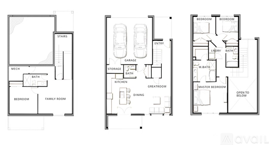 Three black and white floor plans of a house with different layouts.