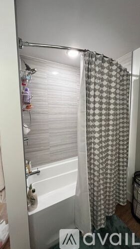 A bathroom with a shower curtain and a bathtub.