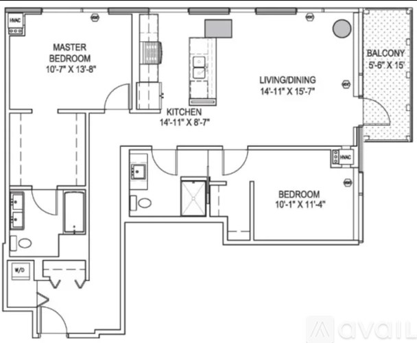 A floor plan of a house with a master bedroom, a living/dining area, a kitchen, and a balcony.