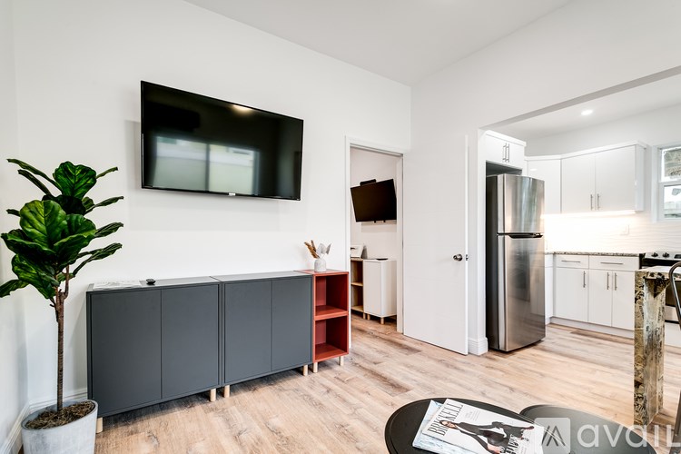 A living room with a tv on the wall and a plant in a pot.