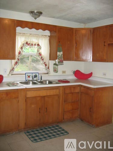A kitchen with wooden cabinets and a checkered mat on the floor.