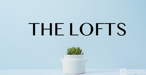 A white pot with a plant on a light blue background with the text "THE LOFTS" above it.