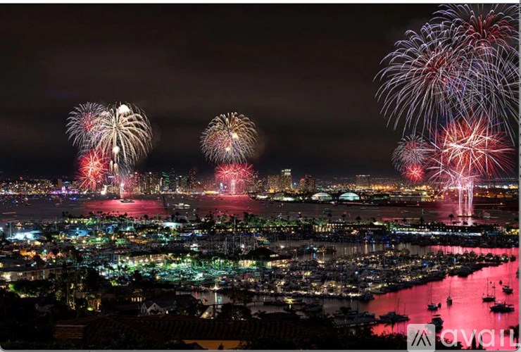 A cityscape is lit up with fireworks in the night sky.