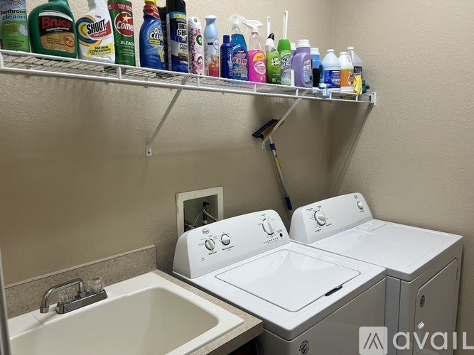 A laundry room with a washer and dryer and a shelf with cleaning products.
