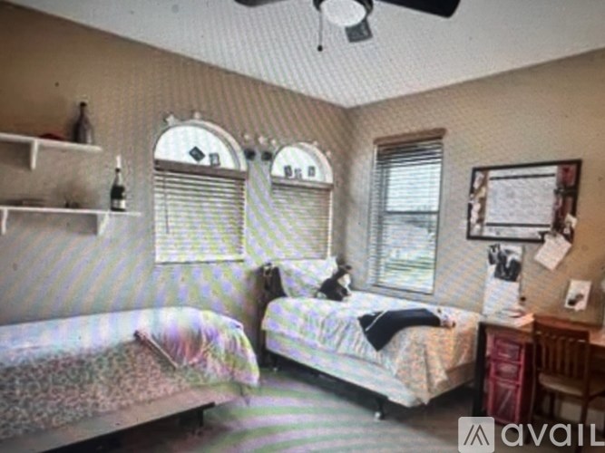 A bedroom with two beds, a desk, and a ceiling fan.
