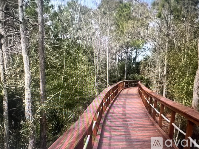 A wooden bridge in a forest.