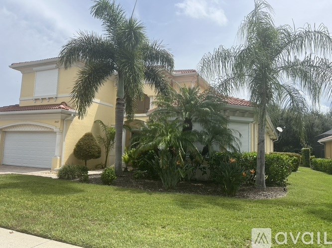 A house with a white garage door and a palm tree in front.