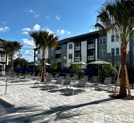 A sunny day at the outdoor pool area of a hotel with lounge chairs and palm trees.