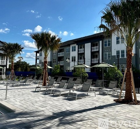 A sunny day at the outdoor pool area of a hotel with lounge chairs and palm trees.