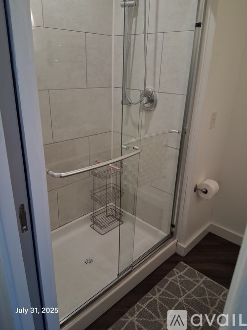 A shower with a glass door and a black and white patterned rug.