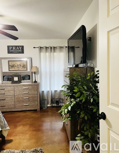 A living room with a television, a plant, and a sign that says "PRAY".
