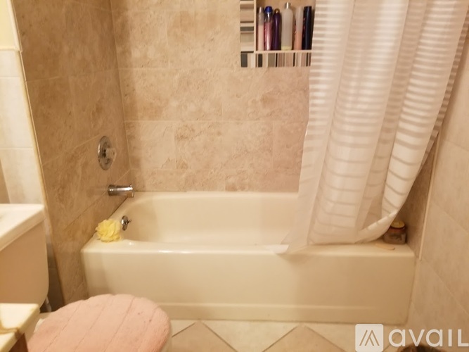A bathroom with a tub, toilet, and shower curtain.