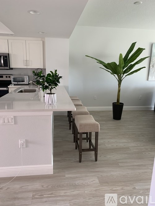 A kitchen with a white countertop and a plant on it.