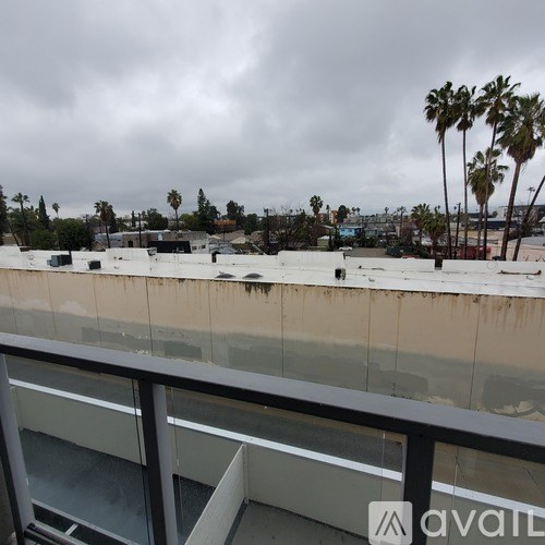 A rooftop with a metal railing and palm trees in the distance.