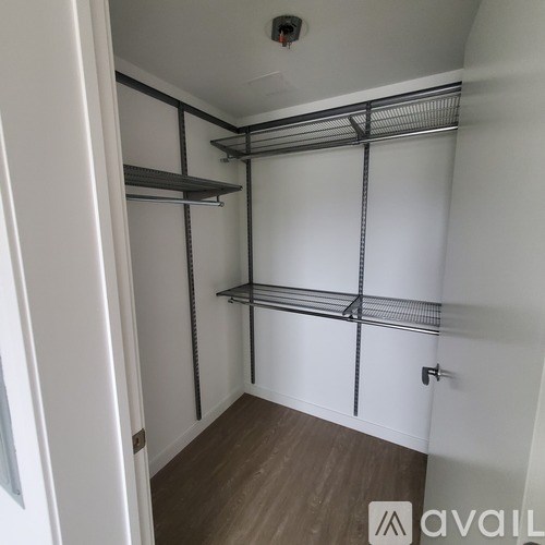 A white closet with shelving and a door.