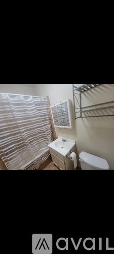 A small bathroom with a toilet, sink, and a shower curtain.