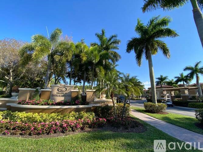 A sunny day at a park with palm trees and a sign that says "AVAIL".