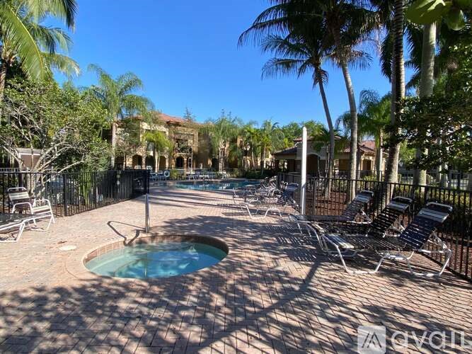 A pool surrounded by palm trees and lounge chairs.