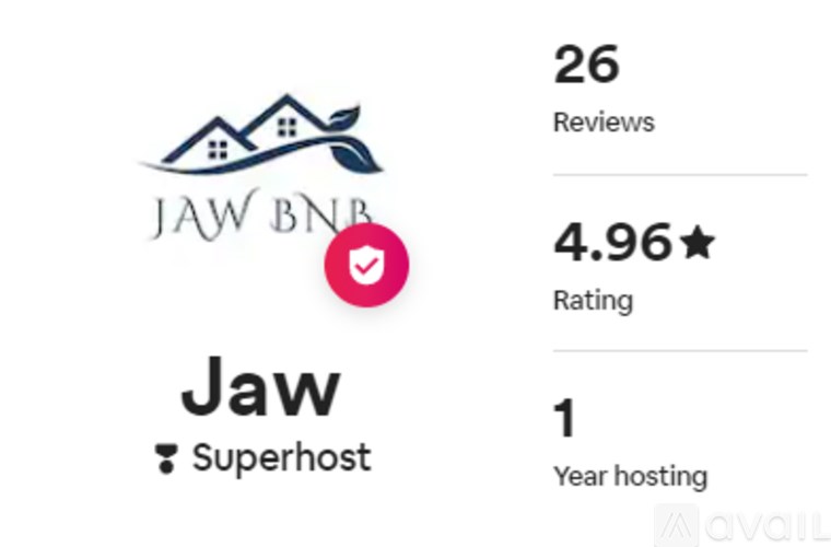 A logo with the text "JAW BNB" and a rating of 4.96 stars is displayed.