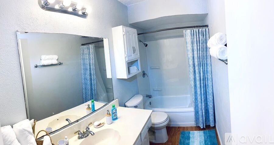A bathroom with a white sink, toilet, and blue shower curtain.