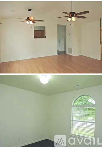 A room with a ceiling fan and a window with blinds.