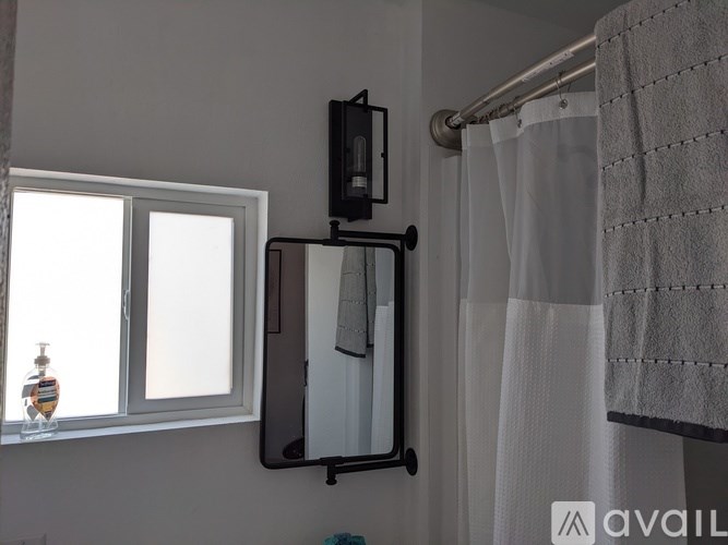 A bathroom with a shower curtain, a towel rack with a towel, and a window with a soap dispenser.