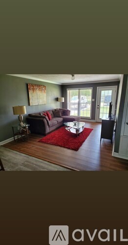 A living room with a red rug and a couch.