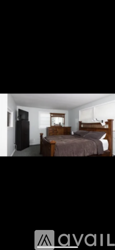 A bedroom with a bed, dresser, and mirror.