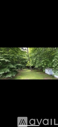 A white house surrounded by green trees.