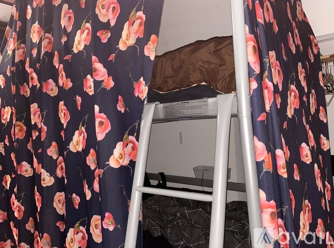 A bed with a floral print canopy is shown.