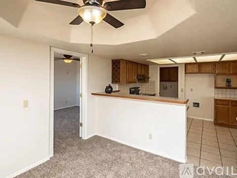 A kitchen with a white counter and wooden cabinets.
