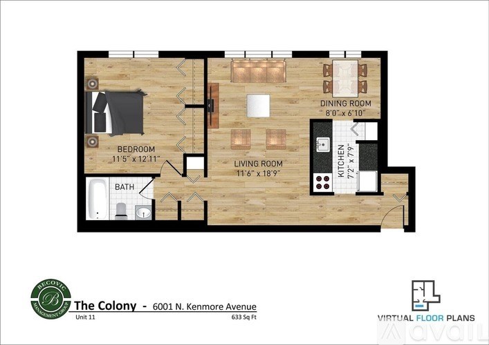 A floor plan of a one bedroom apartment at The Colony.