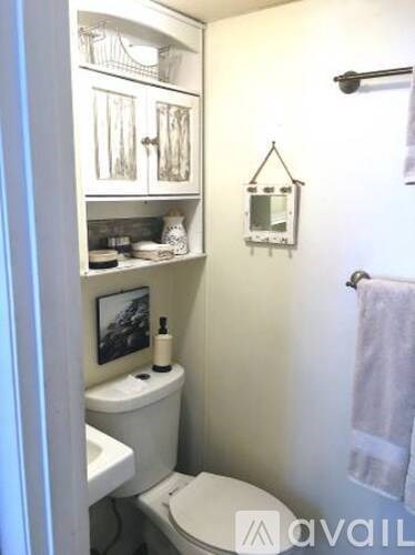A white toilet in a small bathroom with a cabinet above it.