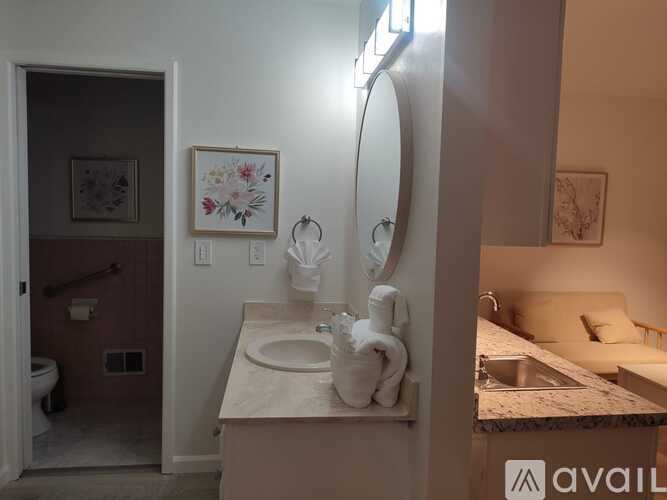 A bathroom with a sink, mirror, and toilet.