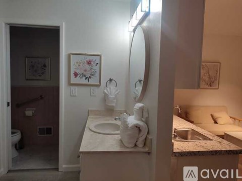 A bathroom with a sink, mirror, and toilet.