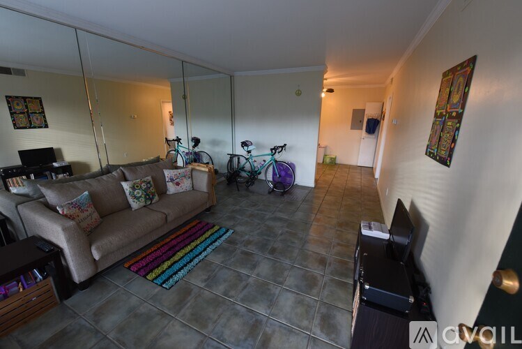 A living room with a couch, a rug, a TV and a bicycle.
