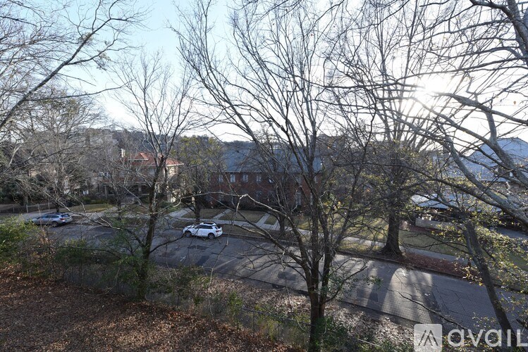 A parking lot with cars and trees in the foreground.