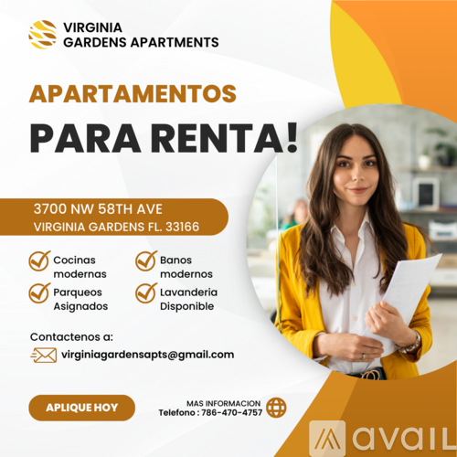 An advertisement for Virginia Gardens Apartments offering apartments for rent.
