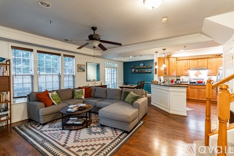 A living room with a grey couch and a rug.