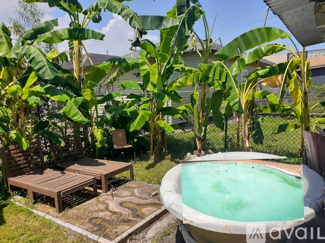 A small pool surrounded by green plants and a wooden bench.