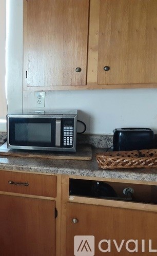 A kitchen with wooden cabinets and a microwave on the counter.