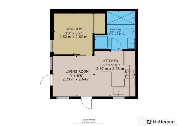 A floor plan of a house with a bedroom, bathroom, kitchen, and living room.