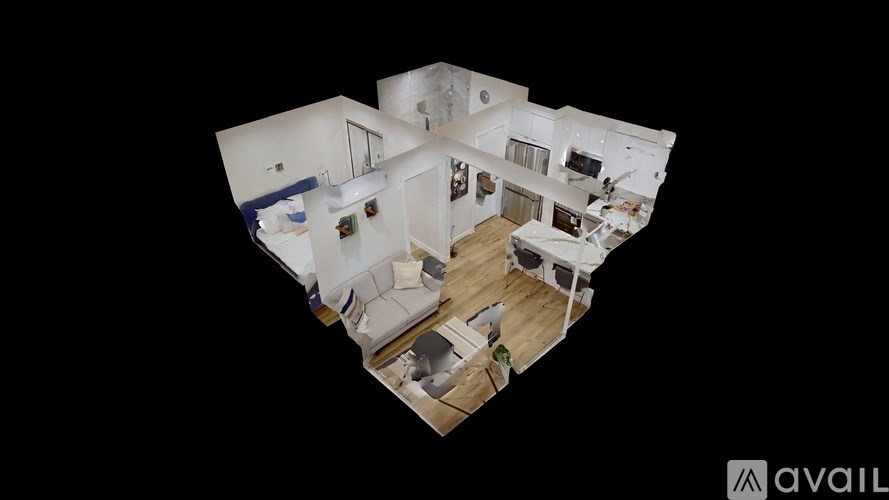 A top-down view of a house layout with a kitchen, living room, and bedrooms.