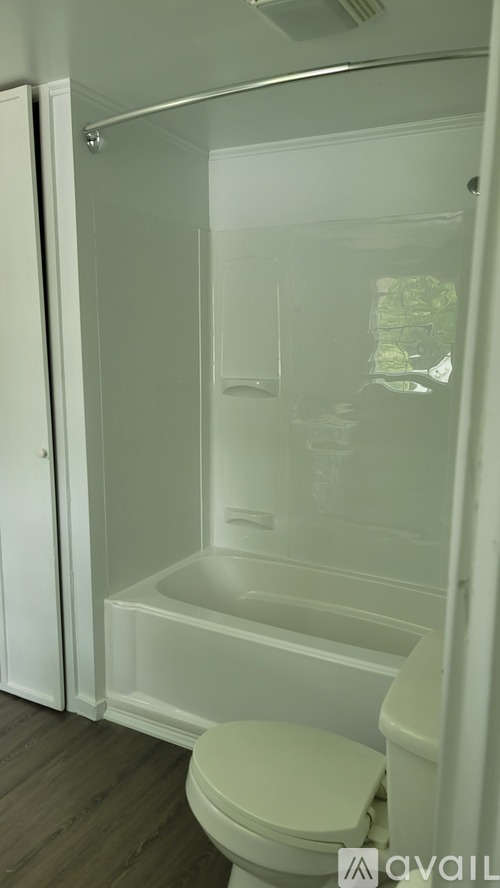 A white toilet sits next to a walk-in shower.