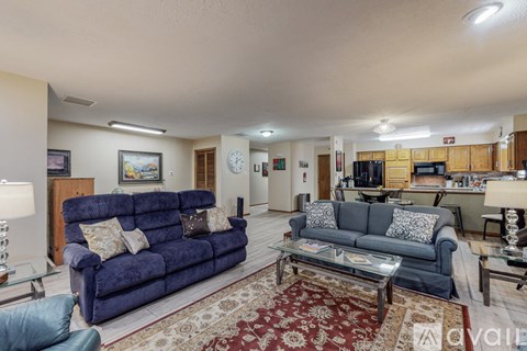 A living room with a blue couch and a rug.