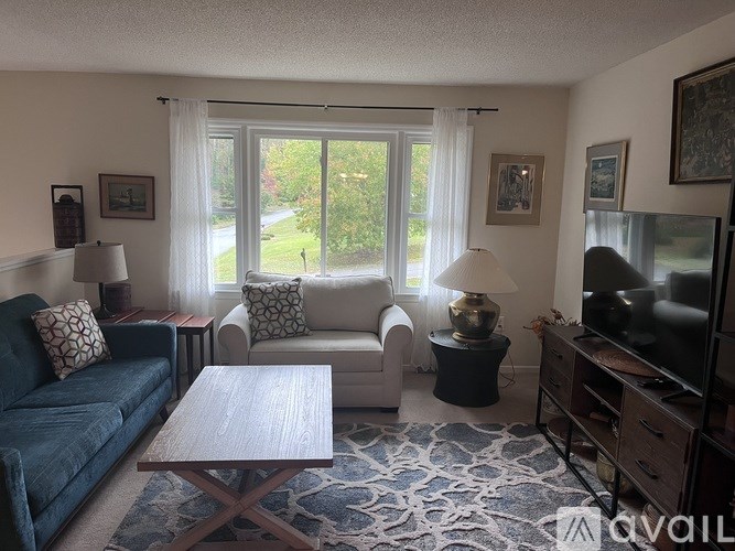 A living room with a blue couch, a white chair, a wooden coffee table, and a television.