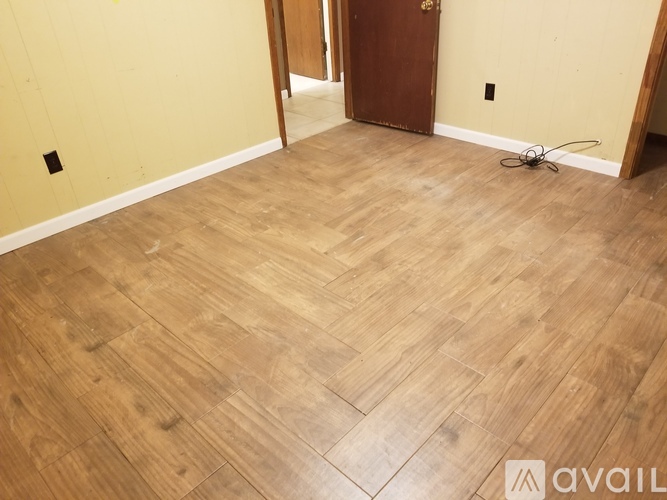 A room with wooden flooring and a brown door.