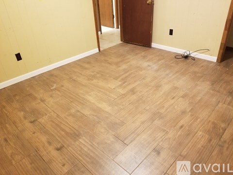 A room with wooden flooring and a brown door.